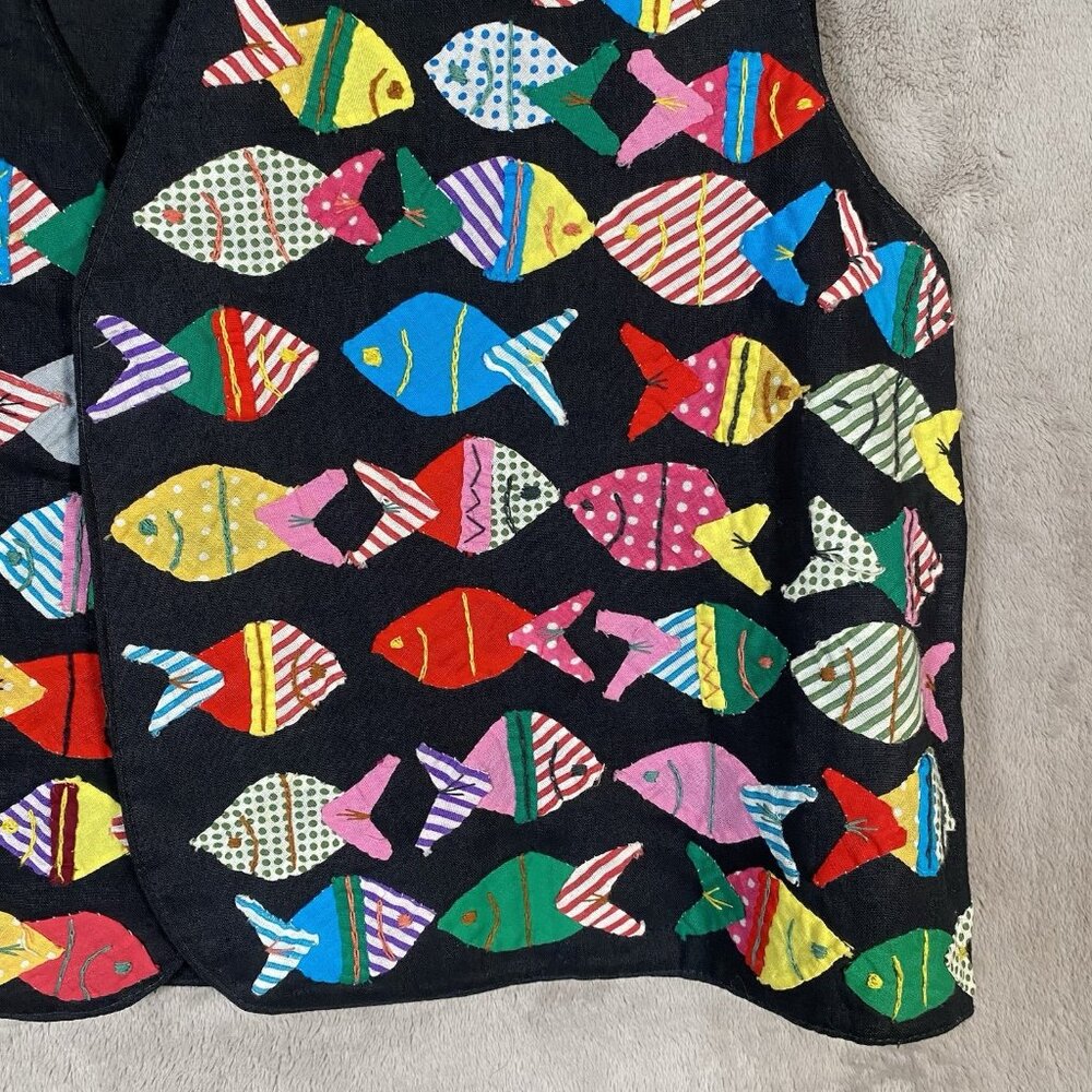 Vintage Artisan Fish Applique Vest M Folk Art to Wear Novelty Patchwork Colorful - Picture 7 of 15